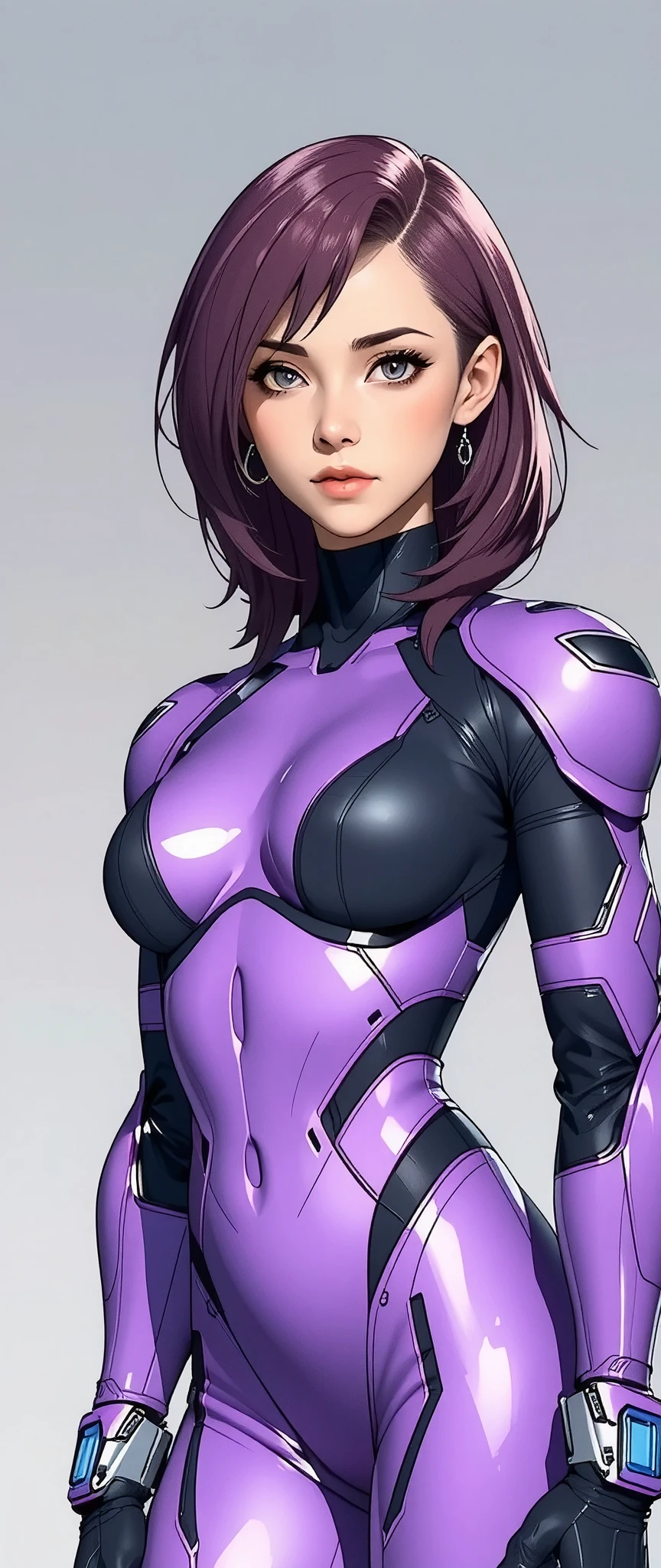 (masterpiece:1.2,Outstanding quality,Mirror finish,  A Cinematic Experience ,Super detailed),16k, wallpaper,(semi-realistic android woman:2.0),(whole body:2.0), flat color ,(Beautiful android woman with gray and white background :2.0),( cyberpunk:2.0),( Anime Artwork ), Beautiful Gradients ,( super sexy:2.0),( Perfect Proportions :2.0),(Purple Hair:2.0),(Shiny purple bodysuit:2.0),( Sexy Poses:2.0)