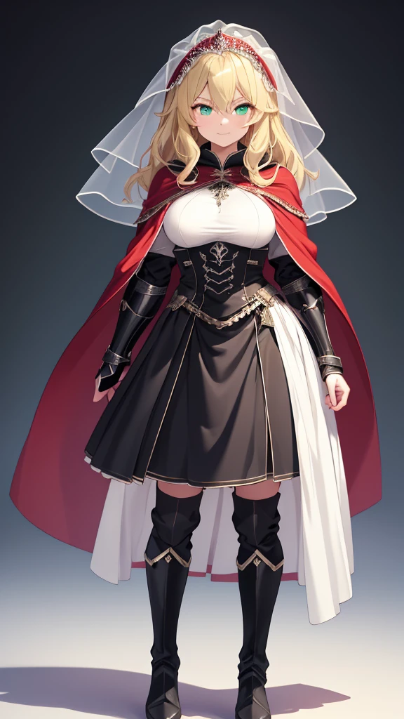 masterpiece, Best Quality,  no background, ((Full body image of a woman)), huge breasts, blonde hair, medium hair, (( I'm wearing a short pure white wedding veil on my head)), Pale skin,upbeat smile,closed mouth,Tall ,Green Eyes,wavy hair, ((I'm wearing black metal armor with a red cloak )), black thigh high boots,black gauntlets,  Black Skirt , Thin straight hanging eye,  holding nothing in hand,   Standing Straight , Arched eyebrows