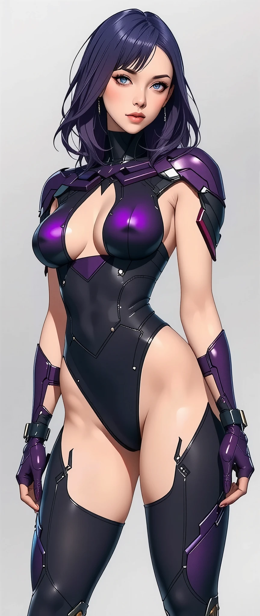 (masterpiece:1.2,Outstanding quality,Mirror finish,  A Cinematic Experience ,Super detailed),16k, wallpaper,(semi-realistic android woman:2.0),(whole body:2.0), flat color ,(Beautiful android woman with gray and white background :2.0),( cyberpunk:2.0),( Anime Artwork ), Beautiful Gradients ,( super sexy:2.0),( Perfect Proportions :2.0),(Purple Hair:2.0),(Shiny purple bodysuit:2.0),( Sexy Poses:2.0)