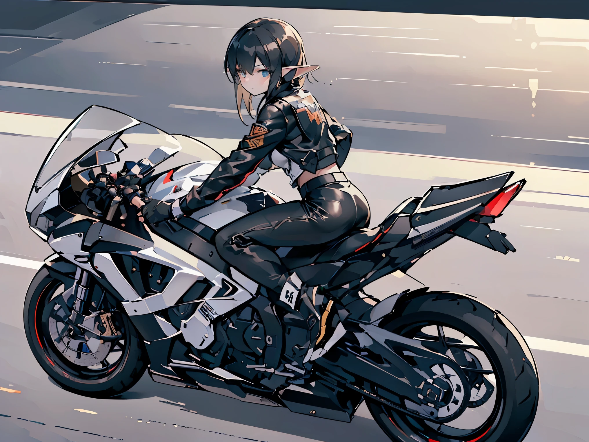 (((Best quality, 8k, Masterpiece: 1.3)), ((best quality)), ((masterpiece)), (detailed), photorealistic, perfect face, A female motorcycle racer stands confidently beside her bike, wearing a rugged black leather rider's jacket. She holds a helmet in her right hand, showcasing her strong and determined expression. Her outfit is sleek and practical, with protective gear details. The background hints at a racetrack or open road, with a powerful, high-performance motorcycle by her side. The setting is dynamic, with a hint of wind to capture the thrill and intensity of a racer’s life. elf