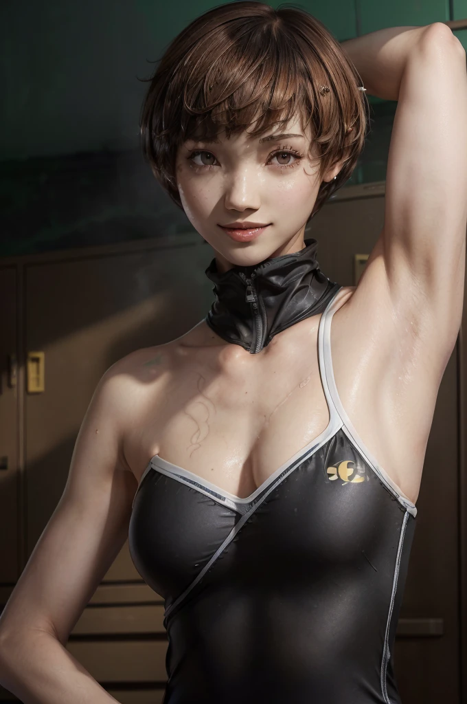 masterpiece,beautiful,最 high quality,Super detailed,Exquisite,  very detailed,  high quality,  very detailed,hughres,4K,8k，NSFW，(persona4:1.5)，( Satonaka Chie:1.5)，(smile:1.5)，((( short bob,Brown Hair:1.5)))，( locker room :1.5)，((Steam，Steaming:1.3))，(((脇の皺， shows armpits，Armpit:1.3)))，(School Swimsuit,ALL-black competitive swimsuit ,A competitive swimsuit that sticks perfectly to the skin:1.5), 