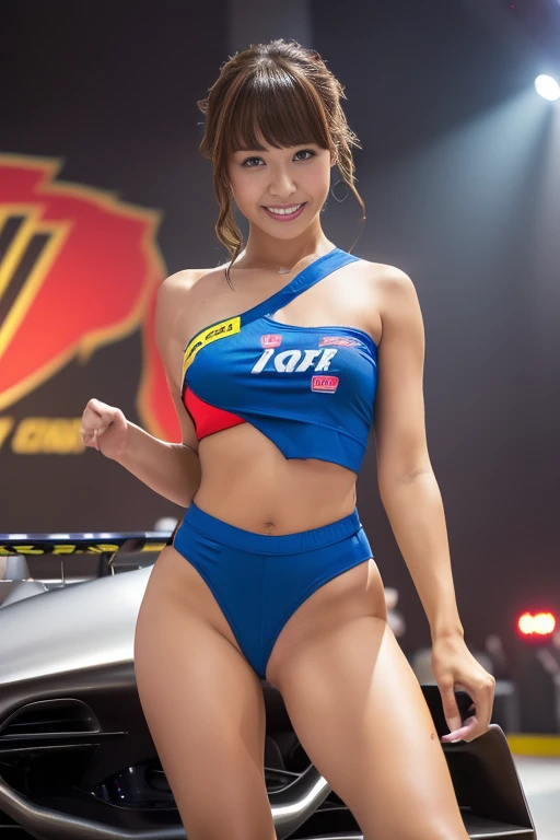 (((One-shoulder grid girl costume with small area))),(((Show off your décolletage))),(((Exposing inner thighs))),(((Showing off a Formula One car))),urzzang-6500-v1 .1, ( RAW Photos:1.2), (Realistic:1.4),   bound saddle  ,  Highly Detailed Eyes and Faces ,  beautiful detailed eyes, Super detailed,  high definition, top-quality, ​masterpiece,  high definition, 8k wallpaper,  wonderful, Detailed , top-quality,  Eyes , movie lighting , one girl,(Automobile racing track), beautiful eyes,smile, opens her mouth, (( Show Your Butt in Front of a Racing Car Under the Bright Lights on the Motor Show Special Effects Stage)), ( turns her butt:1.3), 