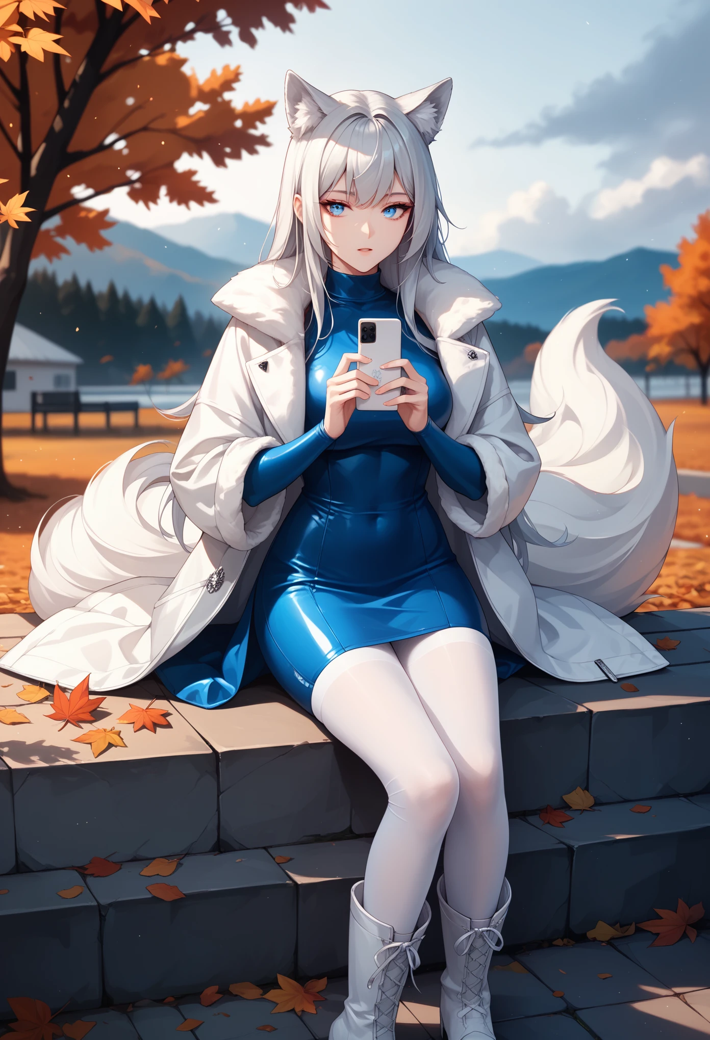 (masterpiece, best quality), (score_9,score_8_up,score_7_up), (highly-detailed), 
1girl, 18 years old, (silver-blue eyes), silver long hair, (silver white arctic fox ears, silver white arctic fox tail), (tight short silver blue dress), white tights, white boots, white fur coat, (pale skin), (entitled, sassy, dismissive), talking, holding white phone, sitting, 
outdoors, autumn, countryside, foggy day, 
(animal arctic_fox companion), 