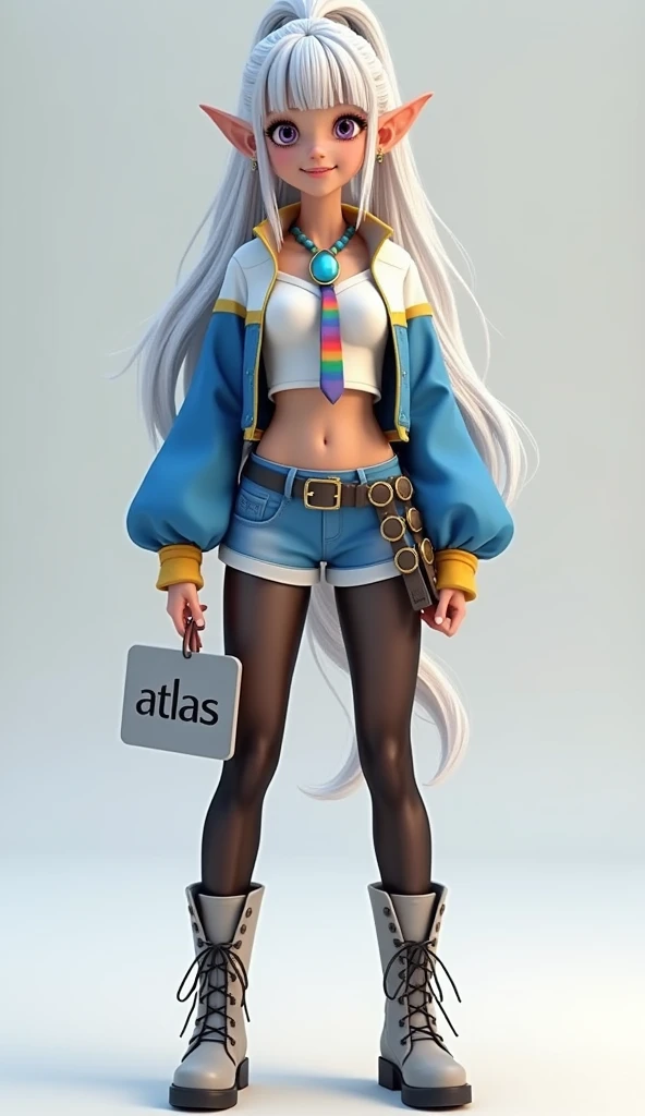 Super realistic illustration, Cinema 4D rendering, 1 elven girl, solo, full body, Standing, contrapposto, smiling, purple eyes, ponytail silver hair, bangs, wearing white and blue long sleeve short flight jacket over white sleeveless collared crop top, rainbow tie, breasts, pointy ears with earrings, rainbow reflection goggles on head, midriff, low rise shorts, high cut shorts, groin groove, waist belt with shining blue stone buckle, thighs, translucent black pantyhose, lace-up military short boots, holding a sign "Atlas" on it, simple background