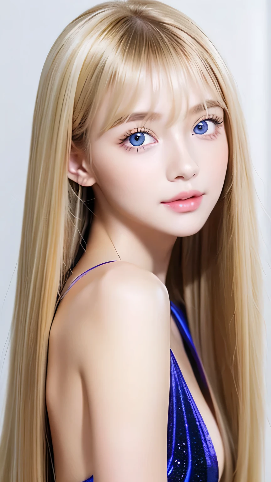 (( glossy blonde hair and dazzling glossy hair))、 adorable little beautiful face of a 、Bright expression、 ponytail、Have a cute face that suits you 、 shiny long bangs dancing in front of a cute face between eyes 、Hair that hides the face、( very beautiful super long straight silky hair ),Sexy cute young woman、Very big eyes、 sparkling pale white and blue eyes 、Small Face Beauty、Round face、White skin、Glowing Skin、Cheek gloss、Gloss Face、Young face、Data Interface、