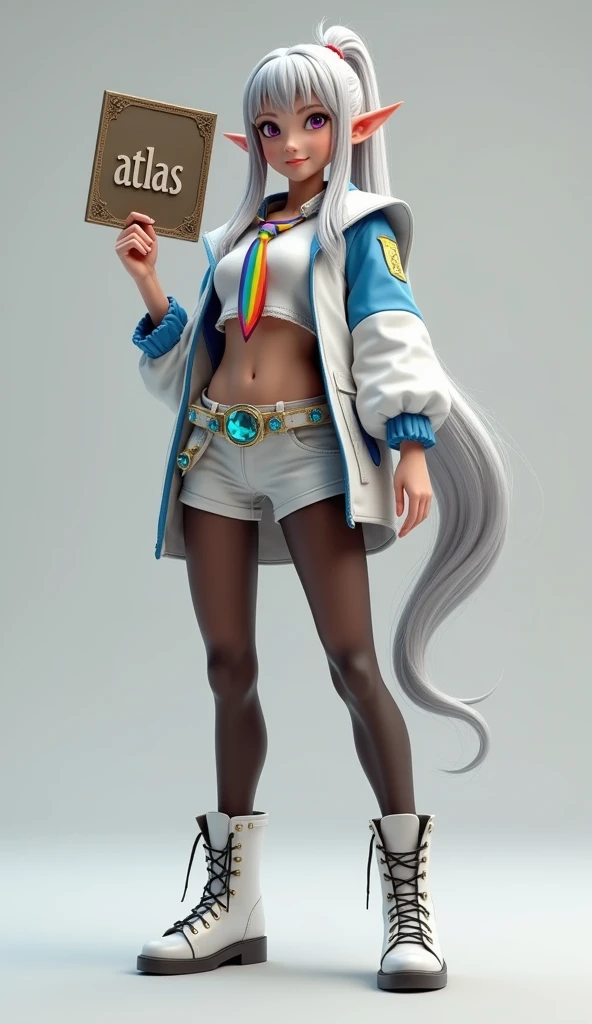 Super realistic illustration, Cinema 4D rendering, 1 elven girl, solo, full body, Standing, contrapposto, smiling, purple eyes, ponytail silver hair, bangs, wearing white and blue long sleeve short flight jacket over white sleeveless collared crop top, rainbow tie, breasts, pointy ears with earrings, rainbow reflection goggles on head, midriff, low rise shorts, high cut shorts, groin groove, waist belt with shining blue stone buckle, thighs, translucent black pantyhose, lace-up military short boots, holding a sign "Atlas" on it, simple background