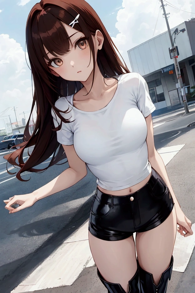 whole body,Cool beautiful girl, Slim Body 、 SOFT WHITE COAT,Sky Blue T-Shirt、 black hotpants,Leather boots、Cool Summer,Slightly pale skin,Bright brown eyes,Red brown hair color(Semi-D), hairpin