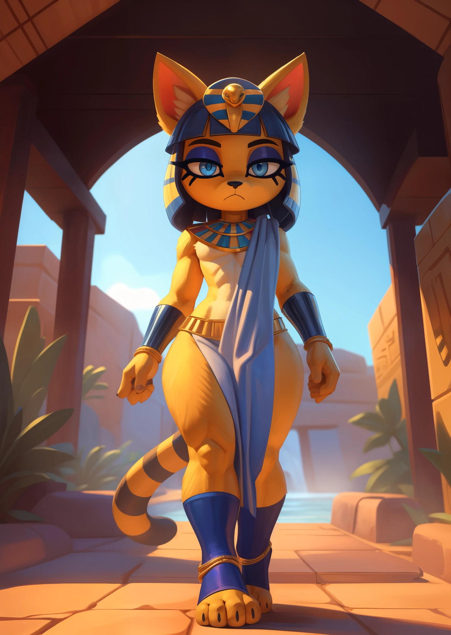 [ankha], [Animal Crossing], [Uploaded to e621.net; (Pixelsketcher), (wamudraws)], ((masterpiece)), ((HD)), ((high res)), ((solo portrait)), ((full body)), ((front view)), ((feet visible)), ((detailed fur)), ((detailed shading)), ((beautiful render art)), ((cinematic lighting)), {(slim figure), (yellow fur), (black nose), (cute blue eyes), (indigo eyeshadow), (egyptian eye makeup), (cat ears), (long striped tail), (curvy hips), (detailed glute crevice), (beautiful toned legs), (curved feet), (frown)}, {(bath towel), (detailed snake headwear), (blue bracers), (gold anklets), (blue stirrup socks)}, {(standing), (covering up with towel), (looking at viewer)}, [ambient lighting, desert oasis, hot springs, glistening water]