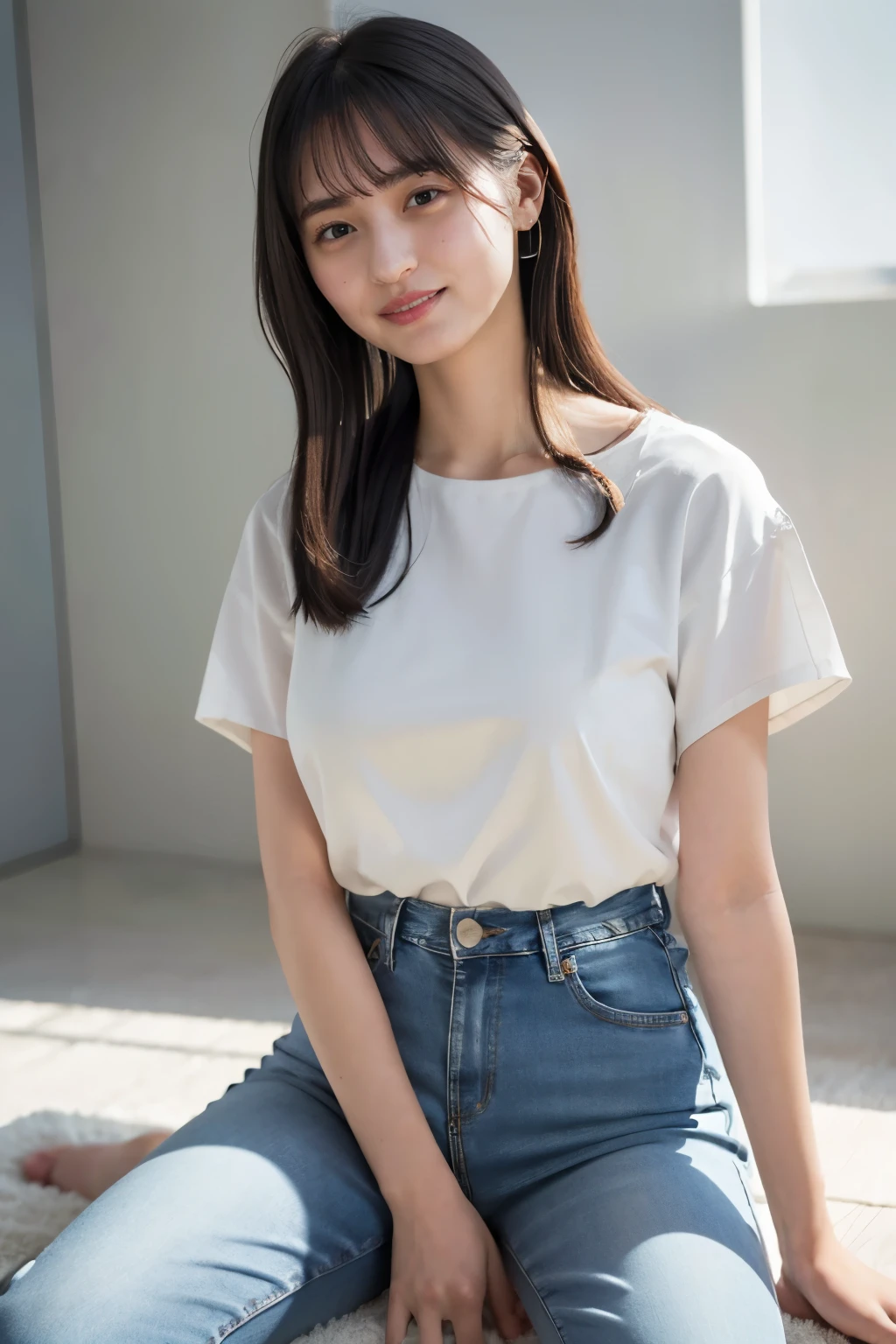 Highest quality,masterpiece,Ultra-high resolution,(Actual:1.4),Original photo,Ultra-high resolution,8K,There are also women,She is sitting on the floor. Fair skin、She is wearing a short-sleeved white blouse and jeans.,She is smiling,Slim body:0.6,
Long legs:1.5,Bright and beautiful,high waist:1.3 ,,Gray background,