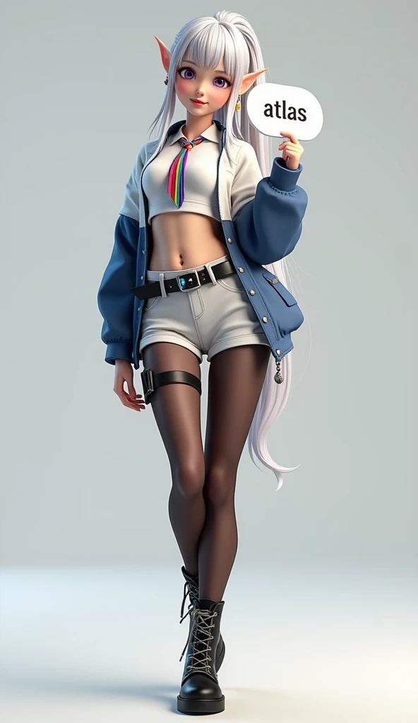 Super realistic illustration, Cinema 4D rendering, 1 elven girl, solo, full body, Standing, contrapposto, smiling, purple eyes, ponytail silver hair, bangs, wearing white and blue long sleeve short flight jacket over white sleeveless collared crop top, rainbow tie, breasts, pointy ears with earrings, rainbow reflection goggles on head, midriff, low rise shorts, high cut shorts, groin groove, waist belt with shining blue stone buckle, thighs, translucent black pantyhose, lace-up military short boots, holding a sign "Atlas" on it, simple background