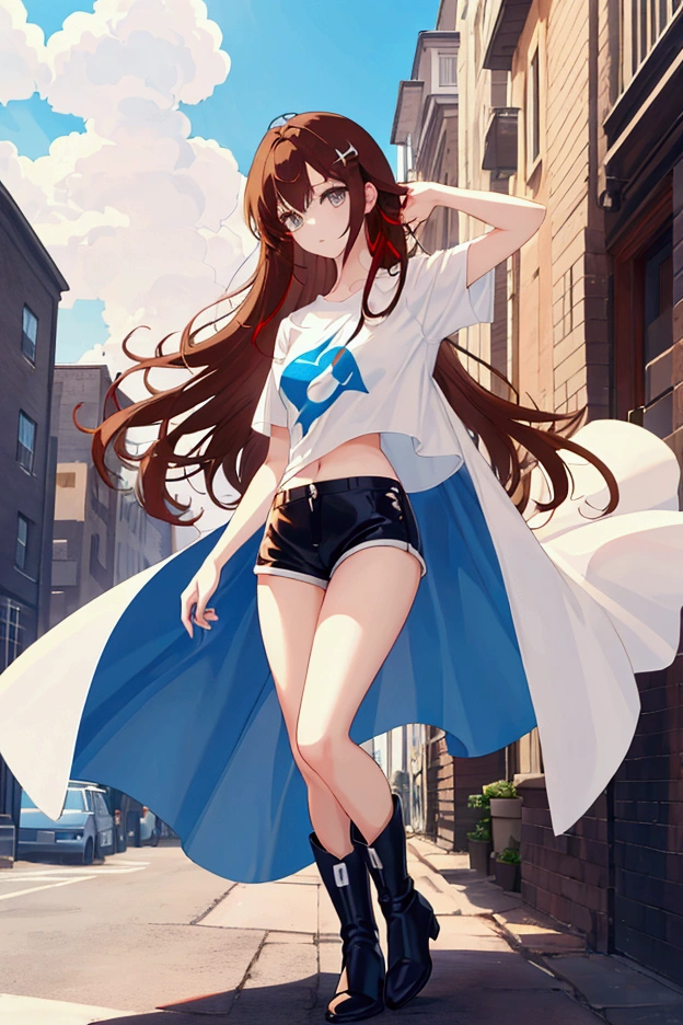 whole body,Cool beautiful girl, Slim Body 、 SOFT WHITE COAT,Sky Blue T-Shirt、 black hotpants,Leather boots、Cool Summer,Slightly pale skin,Bright brown eyes,Red brown hair color(Semi-D), hairpin