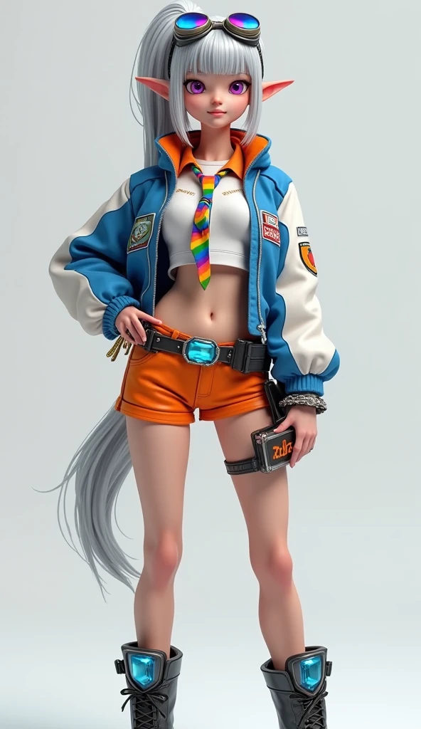 Super realistic illustration, Cinema 4D rendering, 1 elven girl, solo, full body, Standing, contrapposto, smiling, purple eyes, ponytail silver hair, bangs, rainbow reflection goggles on head, wearing white and blue long sleeve short flight jacket over white sleeveless collared crop top, rainbow tie, breasts, pointy ears with earrings, midriff, low rise shorts, high cut shorts, groin groove, waist belt with shining blue stone buckle, thighs, translucent black pantyhose, lace-up military short boots, holding a sign "Atlas" on it, simple background