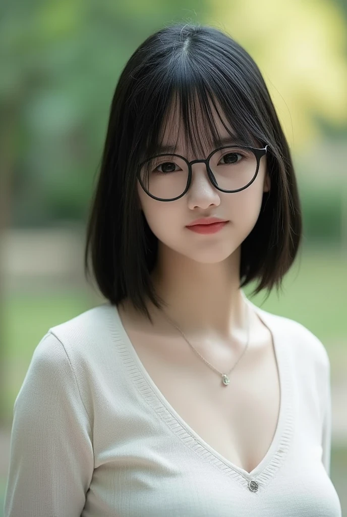 Top Quality, Masterpiece, Ultra High Definition, (Photorealistic: 1.4), (Look Off: 1.4), (Look Off: 1.4), No Look at Camera, Raw Photo, One Girl, Dark Hair, (Straight Bobs: 1.4), (Patsun: 1.4), Bangs, Glasses, Smile, Glossy Skin, Dramatic Lighting, Neat, T-Shirt, White Summer Sweater, (Big: 0.9), parks