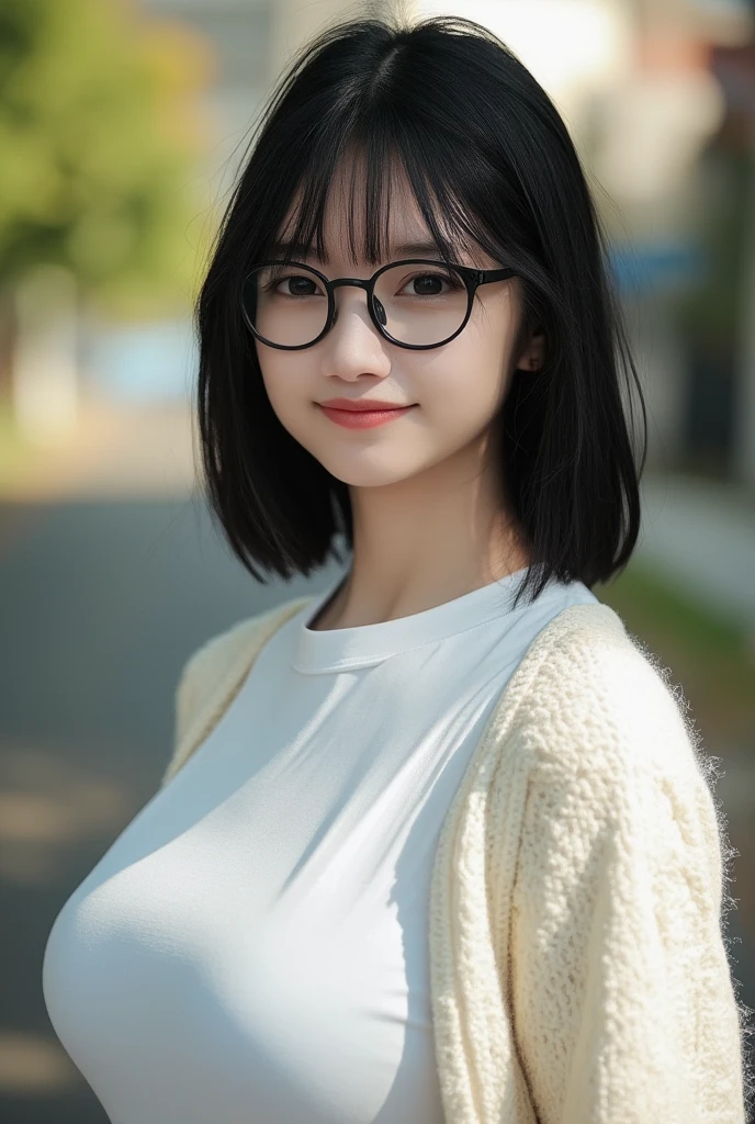 Top Quality, Masterpiece, Ultra High Definition, (Photorealistic: 1.4), (Look Off: 1.4), (Look Off: 1.4), No Look at Camera, Raw Photo, One Girl, Dark Hair, (Straight Bobs: 1.4), (Patsun: 1.4), Bangs, Glasses, Smile, Glossy Skin, Dramatic Lighting, Neat, T-Shirt, White Summer Sweater, (Big: 0.9), parks