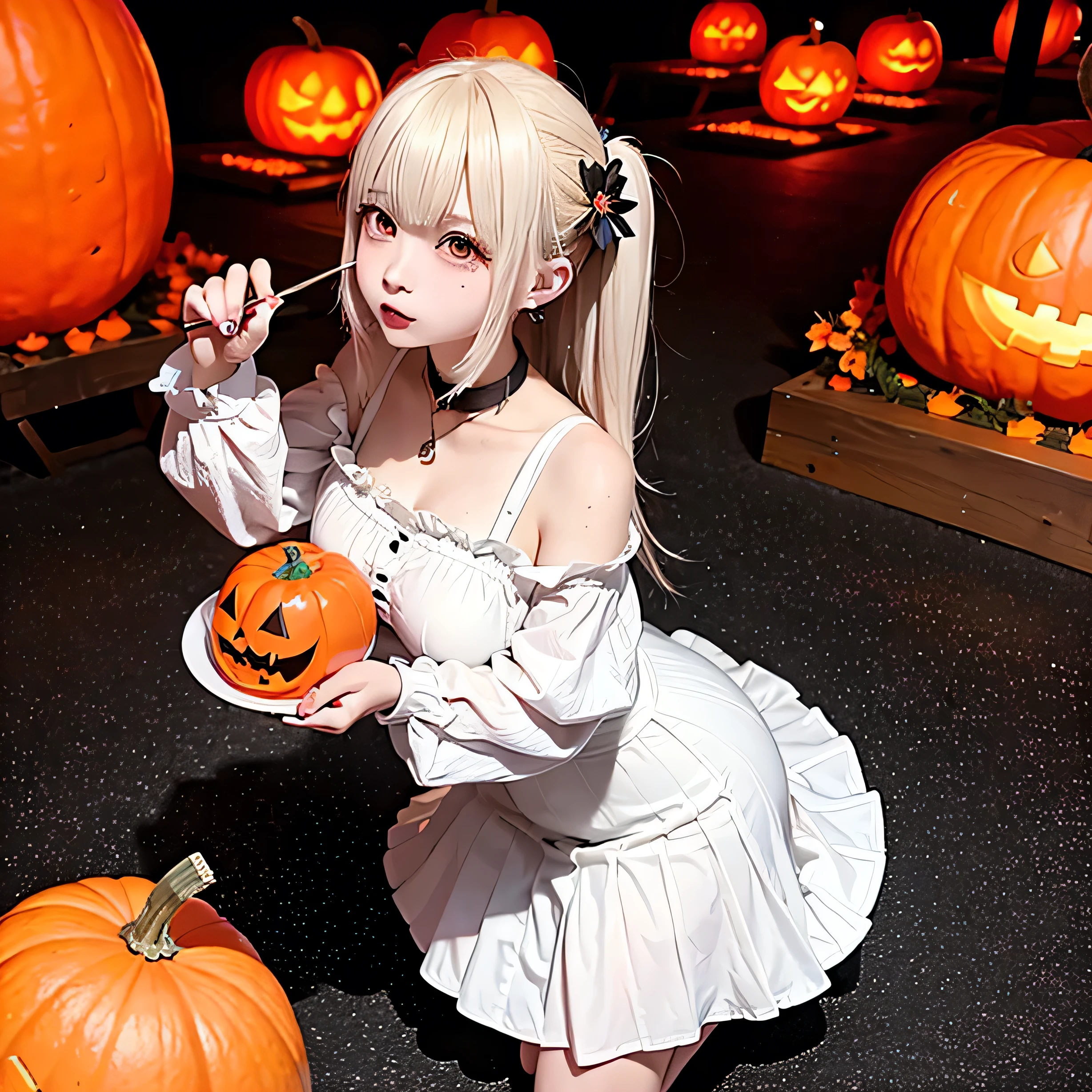 Anime girl holding a plate of food in front of a pumpkin, Halloween festival , Halloween vibe, Halloween art style , ❤🔥🍄🌪, Halloween Night, splash art anime change, trick or treat , change, everyone, White-haired God, Halloween theme , from Girls Frontline , from arknights, Curvy petite