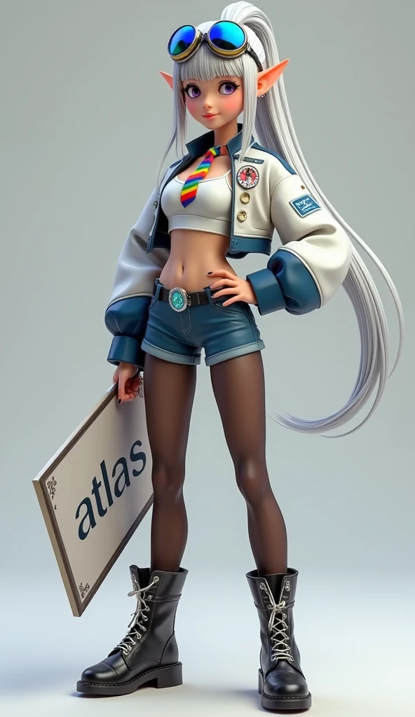 Super realistic illustration, Cinema 4D rendering, 1 elven girl, solo, full body, Standing, contrapposto, smiling, purple eyes, ponytail silver hair, bangs, wearing white and blue roll up sleeve short flight jacket over white sleeveless collared crop top, rainbow tie, breasts, pointy ears with earrings, rainbow reflection goggles on head, midriff, low rise shorts, high cut shorts, groin groove, waist belt with shining blue stone buckle, thighs, translucent black pantyhose, lace-up military short boots, holding a sign "Atlas" on it, simple background