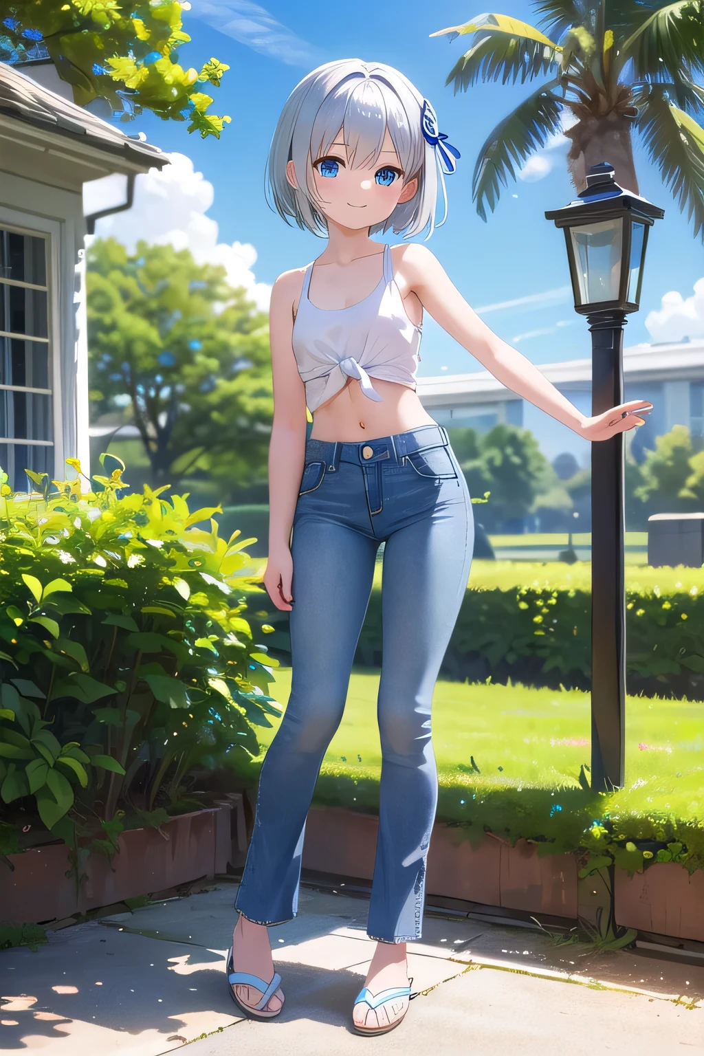 Girl, short white hair, heterochromia eyes, tank top, denim shorts, black shoes, athletic body, park photography, beautiful view