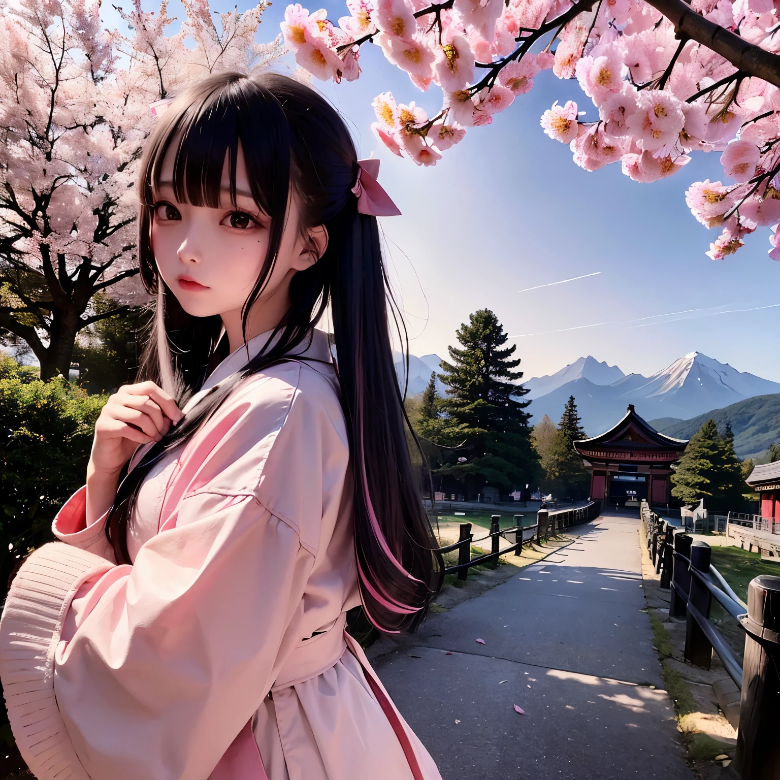 (Best Quality, masterpiece),( 1 girl, Shrine maiden, Coat, expression, BLACK EYES , Look ahead , Black Hair , walk, upper body), (Night maze sky, Behind a big old tree, Behind the falling, shining pink petals, The shrine behind, Mountain Background, Blowing Wind, meteor cloud)