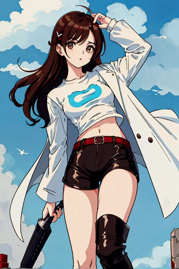 whole body,Cool beautiful girl, Slim Body 、 SOFT WHITE COAT,Sky Blue T-Shirt、 black hotpants,Leather boots、Cool Summer,Slightly pale skin,Bright brown eyes,Red brown hair color(Semi-D), hairpin