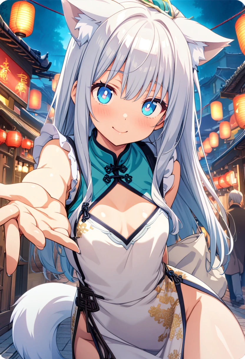 ((masterpiece, 最 high quality:1.2), (Game CG), anime, high quality、masterpiece、 high definition、Overall gloss、front、 cowboy shot、High angle、He is extending his right hand to the viewer.、The left hand is lowered、 long straight hair 、 Sleeveless Chinese-style White Long China Dress with Cleavage Outcut、White shawl、Chinese style turquoise outer collar、Shiny、The collar and patterns on the clothes are silver embroidered.、External Chinese-style thin white with transparent kimono-like sleeves,Long straight silver hair、Silver fox ears and tail、Beautiful eyes、Blue eyes and slanted eyes、Ruffle Headband on Head 、Maid、She is holding a Chinese bag in her left hand.、smile、Petite、flat chest、Covered erect nipples,night、Gorgeous old Chinese style streetscape、festival、The pupils of the eyes are heart-shaped、Don&#39;t open your clothes、Don&#39;t take off your clothes、beautiful eyes、Beautiful Hair, Beautiful Face,  Fine and Beautiful Eyes , Beautiful clavicle, Beautiful body,  Beautiful Breasts ,  Beautiful Thighs,  beautiful legs with tails, Beautiful fingers、Don&#39;t open your clothes、Don&#39;t take off your clothes、There are no animals around、There are no human ears、No extra legs、No extra legs、No extra hands、No extra arms、No exposure