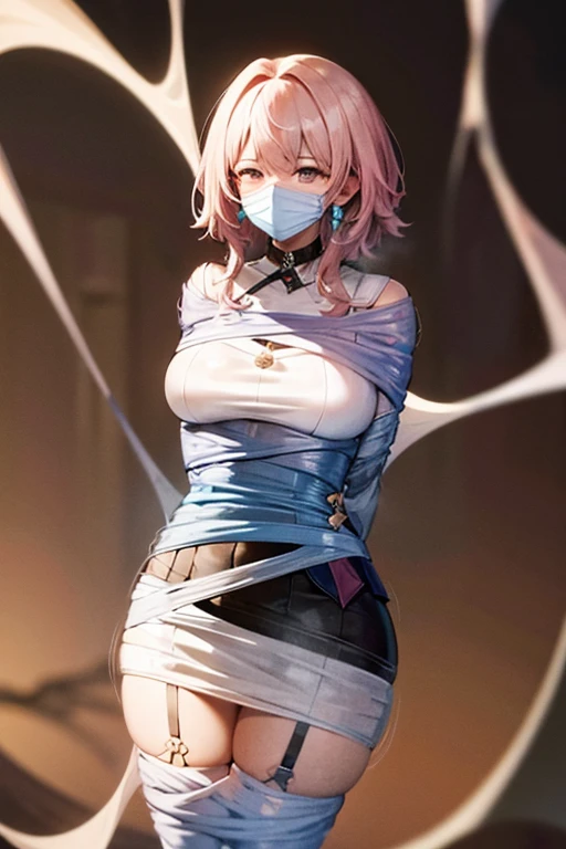  A girl wrapped in a cobweb in an iron cage,  stockings , Pink Hair, advertisement, Prison covered with lots of cobwebs , Detailed eyes, Cover your face with cobwebs, Blue Eyes,  earrings for a woman alone, first round