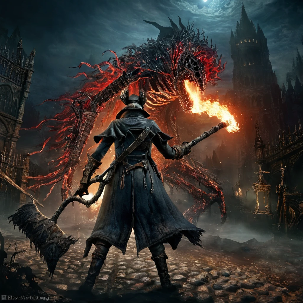  a bloodborne like hunter, Torch in left hand, Cane in right hand,background, 宇宙的なbackground, one 巨大な白いひまわり,  Dark Fantasy Art  ,  Best Quality , Wide Shots ,  Ultra Wide Angle, 