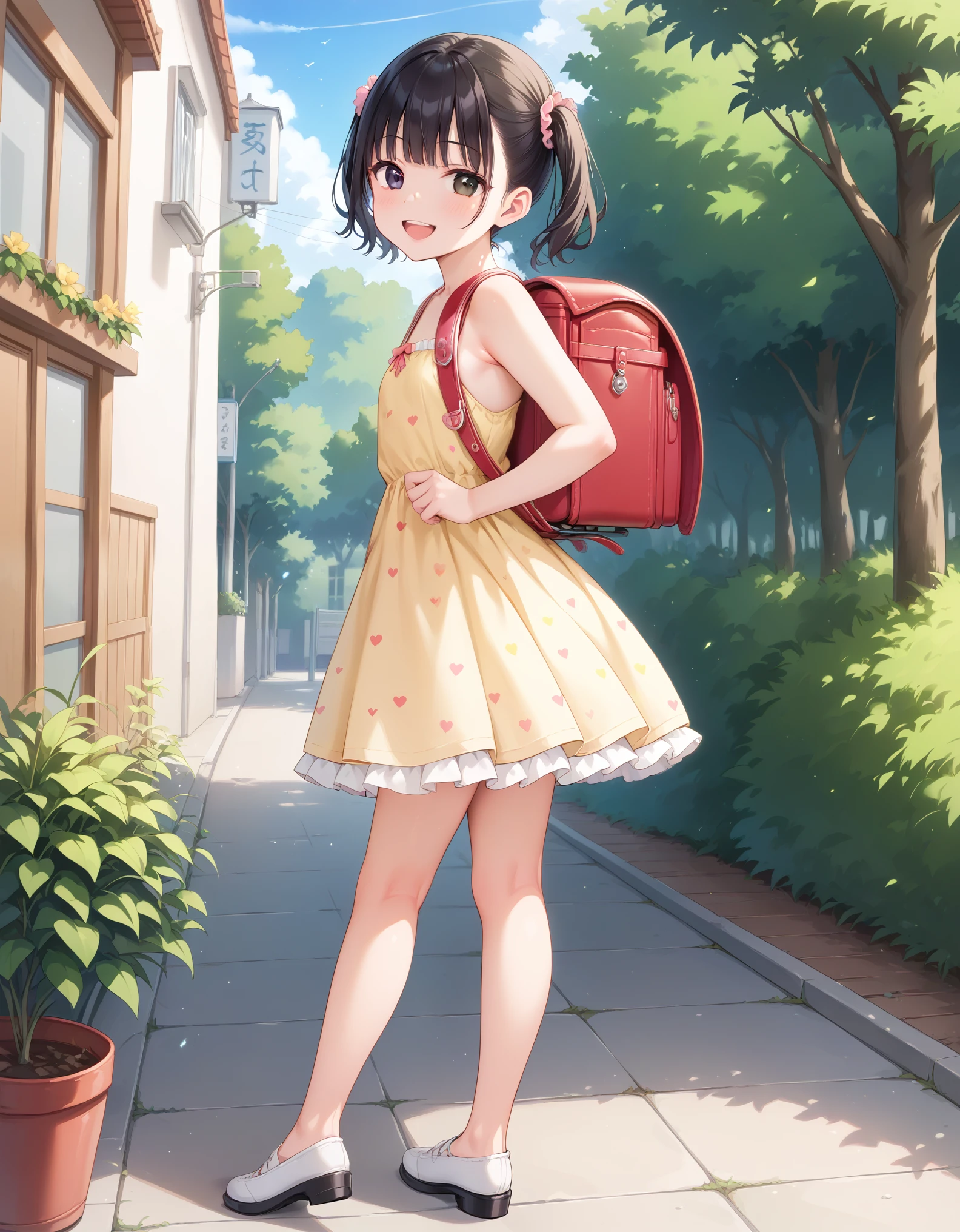 (littlegirl) (( dress)) (sparkling dress) (slender body) (thin body), (black hair) (black eyes) (white skin) happy and confident expression. full body,  ((Location: park)) short hair, twintails, (ch1ldren playing in the background), short girl, long straight hair, thin legs, flat chest, flat breasts. ( playing) (happy, smile, cheerful), wearing randoseru backpack, black color backpack, standing, outdoor, from behind 