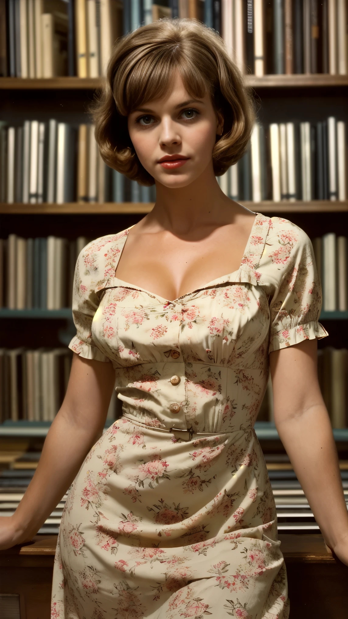 analog film photo solo, realistic, ((vintage photo)), ((woman)), (((Short, Choppy Bangs Hairstyle))), ((Floral Print Midi Dresses)), cleavage, ((1960s record store)), ((dynamic pose)), ,high detailed, (cinematic shot:1.3), PA7_Human-Likeness, PA7_Photo, 8k, clear facial features, pastel themed colorgrade, in style of wes anderson . faded film, desaturated, 35mm photo, grainy, vignette, vintage, Kodachrome, Lomography, stained, highly detailed, found footage