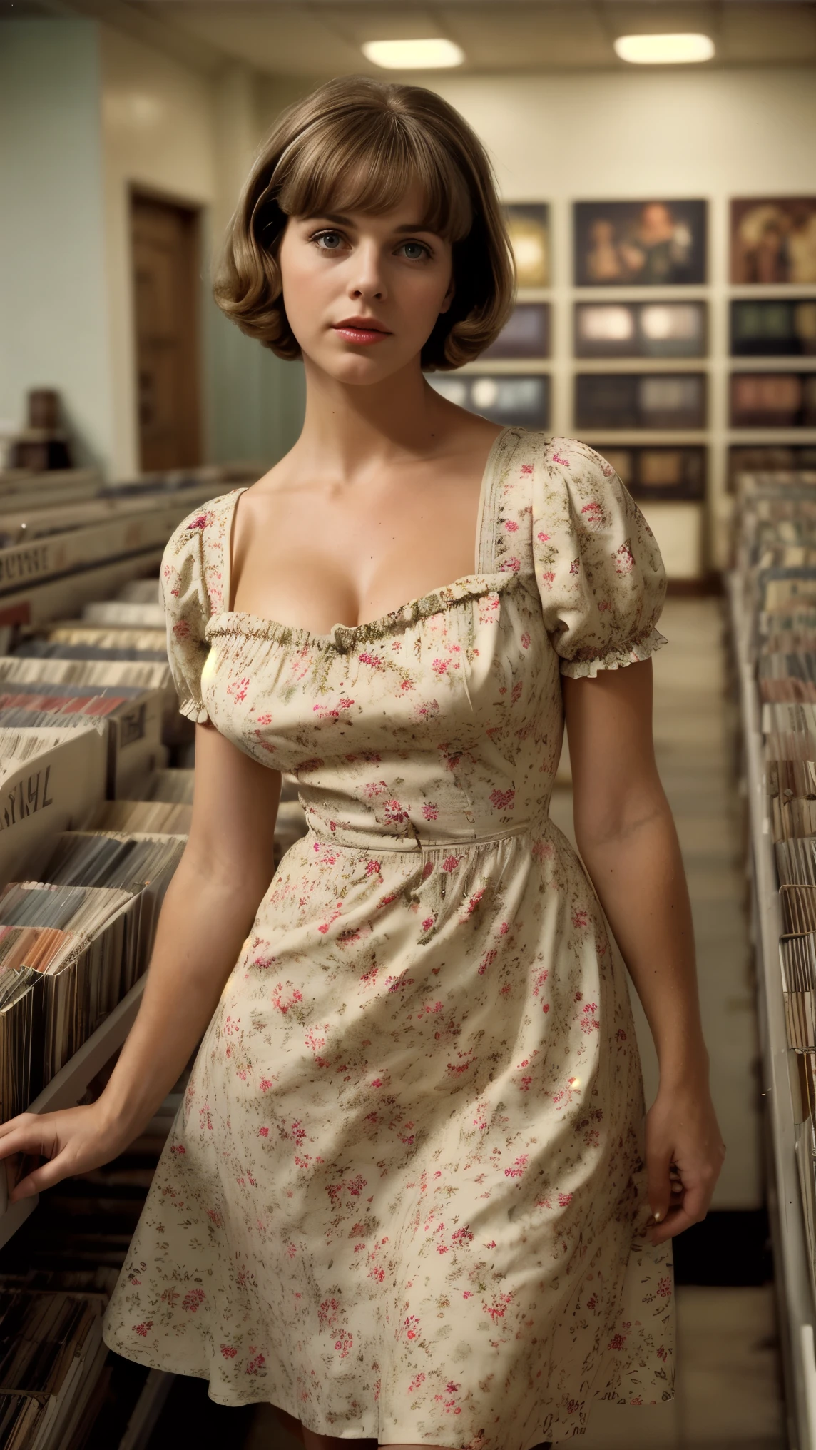 analog film photo solo, realistic, ((vintage photo)), ((woman)), (((Short, Choppy Bangs Hairstyle))), ((Floral Print Midi Dresses)), cleavage, ((1960s record store)), ((dynamic pose)), ,high detailed, (cinematic shot:1.3), PA7_Human-Likeness, PA7_Photo, 8k, clear facial features, pastel themed colorgrade, in style of wes anderson . faded film, desaturated, 35mm photo, grainy, vignette, vintage, Kodachrome, Lomography, stained, highly detailed, found footage