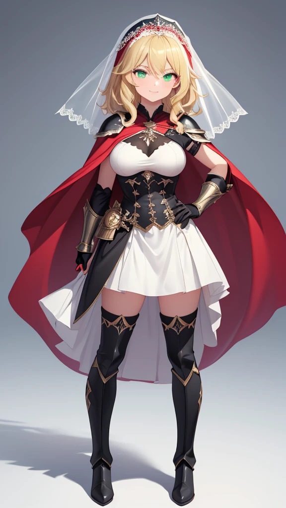 masterpiece, Best Quality,  no background, ((((Full body image of a woman)))), huge breasts, blonde hair, medium hair, (( I'm wearing a pure white short wedding veil on my head)), break,Pale skin,upbeat smile,closed mouth,Tall ,Green Eyes,wavy hair, (( I'm wearing black metal armor with a red cape on my shoulders)), black thigh high boots,black gauntlets,  Black Skirt , Thin straight hanging eye,  holding nothing in hand,  I'm putting one hand on my chest , Arched eyebrows