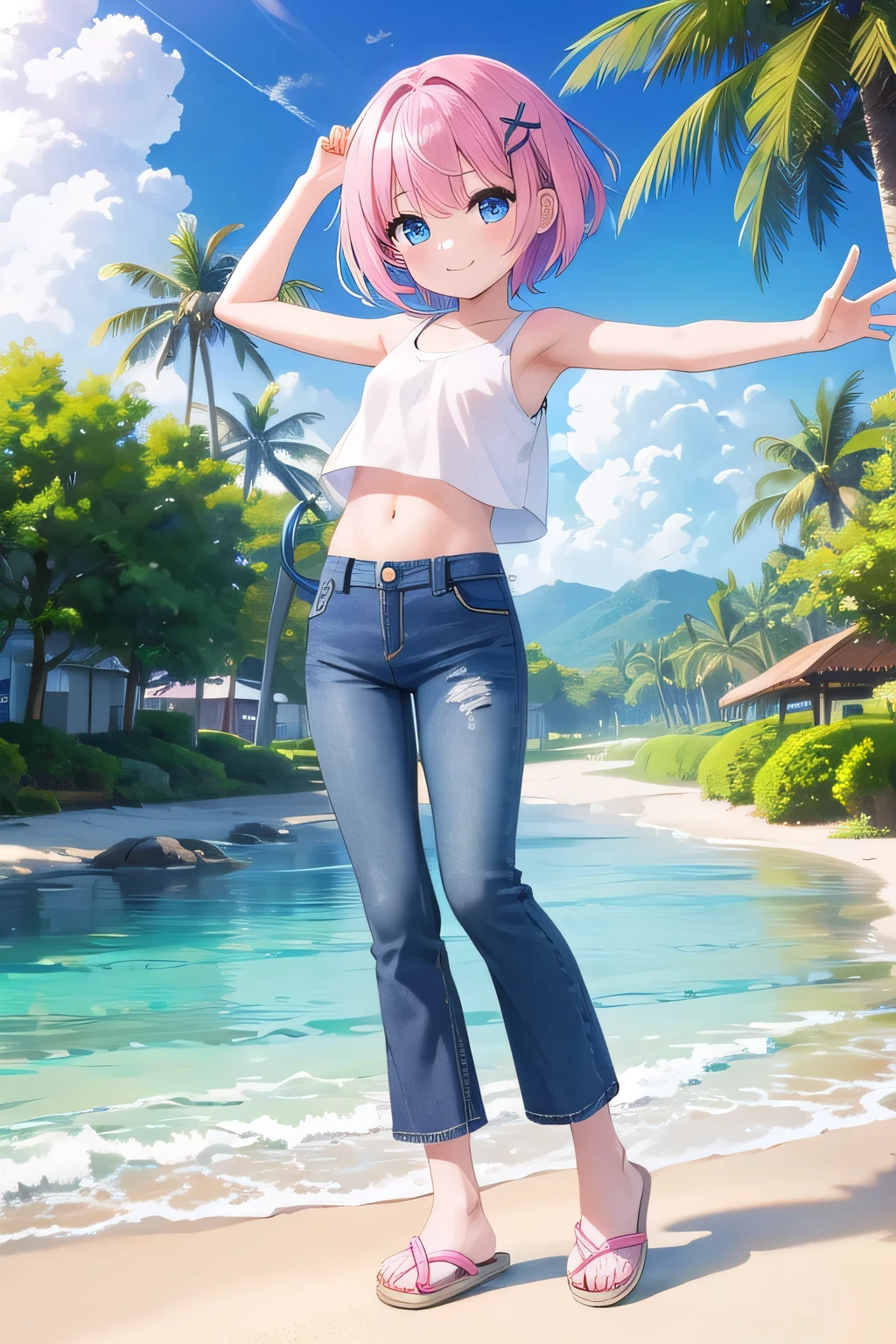 masterpiece,best quality,ultra detail,1girl, yo,pee,smile happy, beach garden, bright, sunshine, cloud, short hair, blue eyes, pink hair, hair ornament, ribbon hair ornament, Raise your arms and behind your head,White teeth, white tank tops, crop tops jeans pants, (flares jeans 1:1), blue jeans, Slippers, (((full body))), legs full stretched out, sexy pose