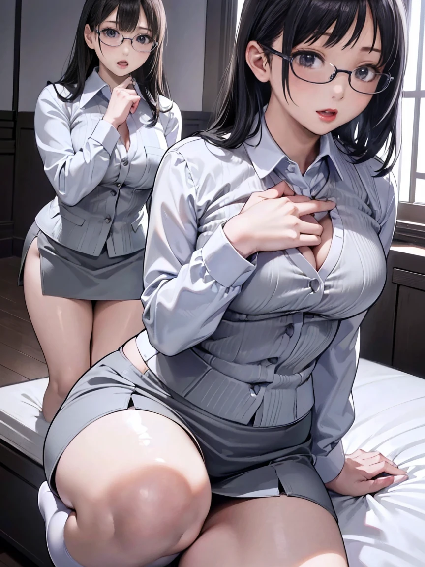 (masterpiece, highest quality, very detailed, super detailed, High resolution, disorganized, 4k, 8K:1.2), (official art, incredible illustrations, Very detailed CG, detailed background, professional lighting, dynamic angle, perfect hands, detailed shiny skin, fine hair, fine eyes), 1 female, mature woman, mature woman, long wavy hair, Glasses, library, suit, white shirt, slit skirt, micro skirt, black stockings, garter belt, black hair, shiny hair, shiny skin, cleavage, (((tucked up skirt)), (big ass), (thick), (expression of fear), face turns red, Small woman touching woman&#39;s breasts directly from behind 2,(((Woman 2 pressed her breasts against Woman 1&#39;s back.))) and (((hold her waist back))), pile of books,