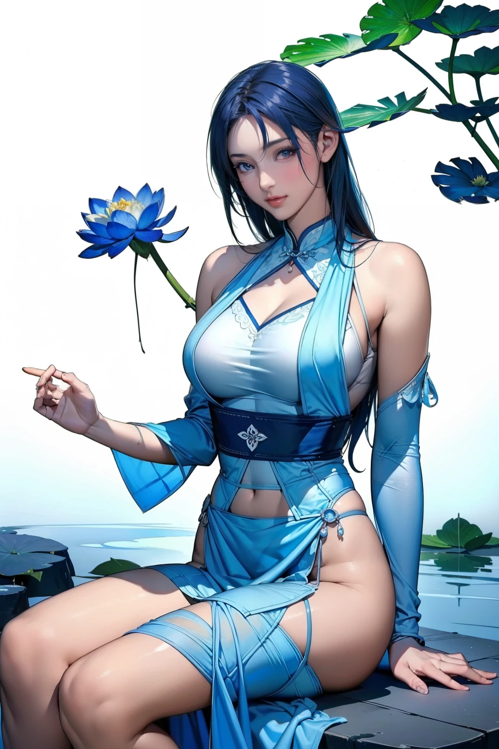 elegant ancient chinese woman sitting on rock,flowing blue chiffon,light silk,relaxed pose,large lotus leaves,lotus flowers,ink wash painting style,beautiful colors,decisive crop,empty space,freehand,masterpiece,ultra-detailed,epic composition,high quality,best quality,4k