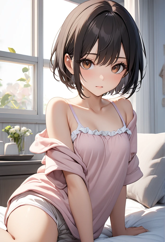  short hair, ( Brown Eyes :1.5), Loungewear、 shorts, Black Hair 、Bob, (Small breasts:1.2), break looking at viewer, break outside, break (masterpiece:1.2), Best Quality,  high definition,  unity 8k Wallpaper , (shape:0.8), (beautiful　Eye for detail:1.6), extremely deしっぽed face, perfect lighting, extremely detailed CG, (Perfect hands,  COMPLETE ANATOMY),