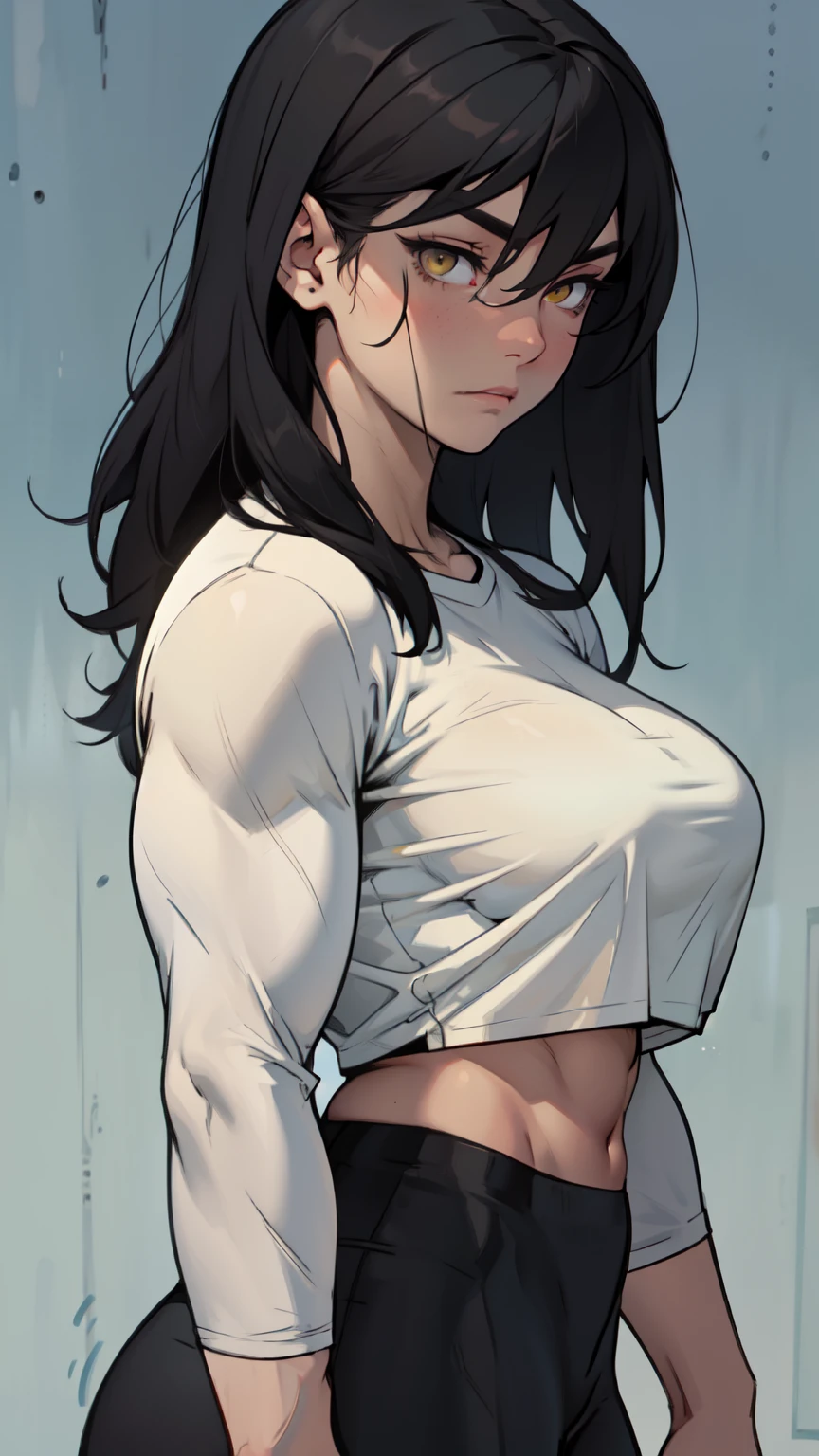 Muscular, thick thighs,
(asian female), big smile, blunt bangs, long hair,
earrings, lipstick, eyeshadow,
hard nipples, small breasts,
tanktop, midriff, pajama shorts,
looking at viewer, from above, upper body view,
highrise apartment porch, rim lighting, two tone lighting, dim lighting, bokeh, detailed skin, detailed eyes