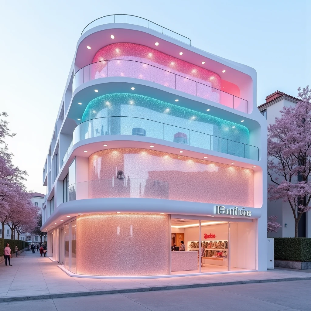 a pasel style color photos of the buildings exterior facade is covered in horizontal bands of pastel pinky and pastel blue colors mixed sequin wall, contrasting with the glass balconies at rooftop. The ground floor features a clean, expansive glass facade which allows for an unobstructed view into the shop. The white paint on the exterior accentuates the structures clean lines and modern design. A curved glass balcony crowns the building, adding to its architectural interest. a sign reading BARBIE,  
 