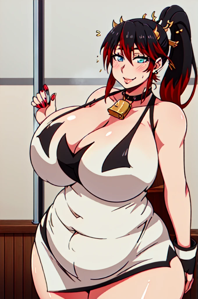 NANBU_KAGUYA,TWO-TONE HAIR,RED HAIR,BLACK HAIR, ((SUPER PONYTAIL)), 1girl, solo, upper body, facing viewer, looking at viewer, cleavage.(((vertical bar earring))),(((Chocker with cow bell))),((cowgirl outfit)),Cleavage,Curvy figure,Enchanted big breast,Puckered lips,Milf,Colorless lips,Long blue nail,Gold chain necklace,Wedding ring,Golden bracelet,Ox horn headband,Plump,Side burn hair,Ear visible,light blue Eyeshadow,Hime cut bang,Side burn hair,Curvy figure,Wide hip,Smile