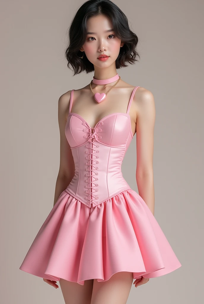 （top quality、8k、masterpiece）、clear focus 1.2、Nikon D850 camera， f1.6 guns，long curly brown hair、a cute girl、The breasts are full，Sheer Pink Bustier Puffy Dress，((full body portrait))，thin legs，Smile brightly，look at the audience，One hand waving to the audience，S-shaped standing position，thick lips，shiny lips、double eyelids、natural makeup、long eyelashes、A delicate face、vibrant face、Super real face，The background is a huge sea of decorative flowers。