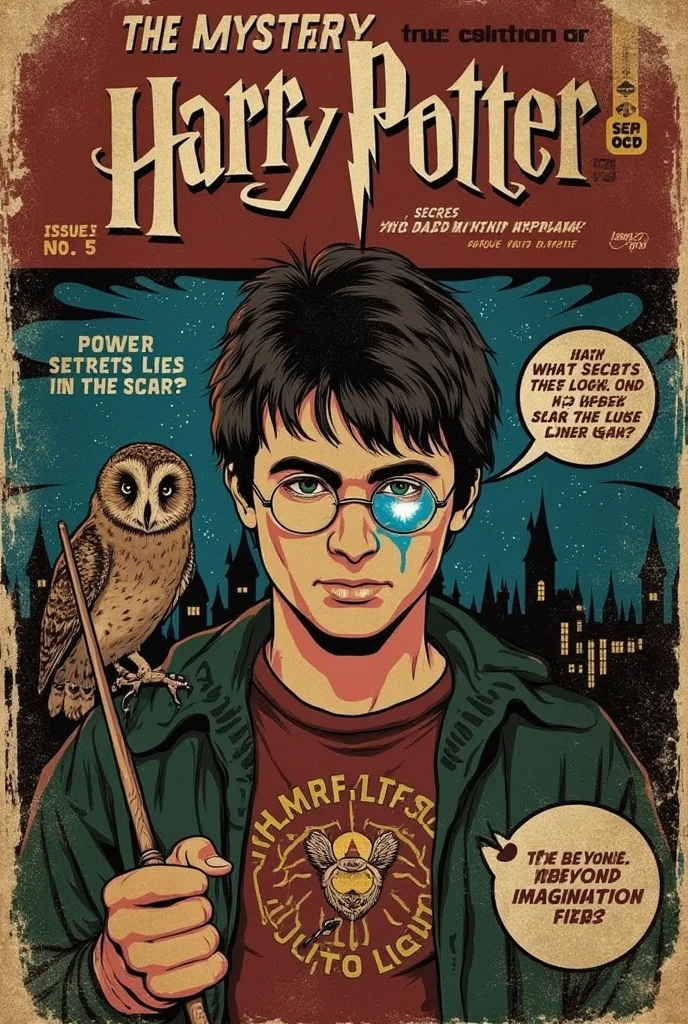 A 1940s vintage comic book cover titled 'The Mystery of the Lightning Scar!' displayed in large, bold, weathered lettering at the top. Harry Potter, a young boy with tousled black hair and round glasses, stands as the central figure, gripping his wand tightly. His expression is a mix of determination and wonder, with his lightning-shaped scar prominently glowing faintly against his forehead. Behind him looms a shadowy Hogwarts Castle under a swirling, night sky filled with stars and hints of dark clouds.

A corner displays a small price circle reading '15¢,' with an edition number 'Issue No. 5' and a release date of 'Sept-Oct.' Dialogue bubbles intensify the mystery: 'What secrets lie in the scar?' and 'Power beyond imagination...' A sepia-toned, circular mini-portrait of Hedwig, his owl, appears on the side, with wings spread as if in flight. The cover is carefully aged, with edges faded and slight tears, giving it the well-worn look of a vintage collectible. The overall style captures a mix of magic and suspense, emphasizing Harry’s iconic scar as the heart of the mystery.