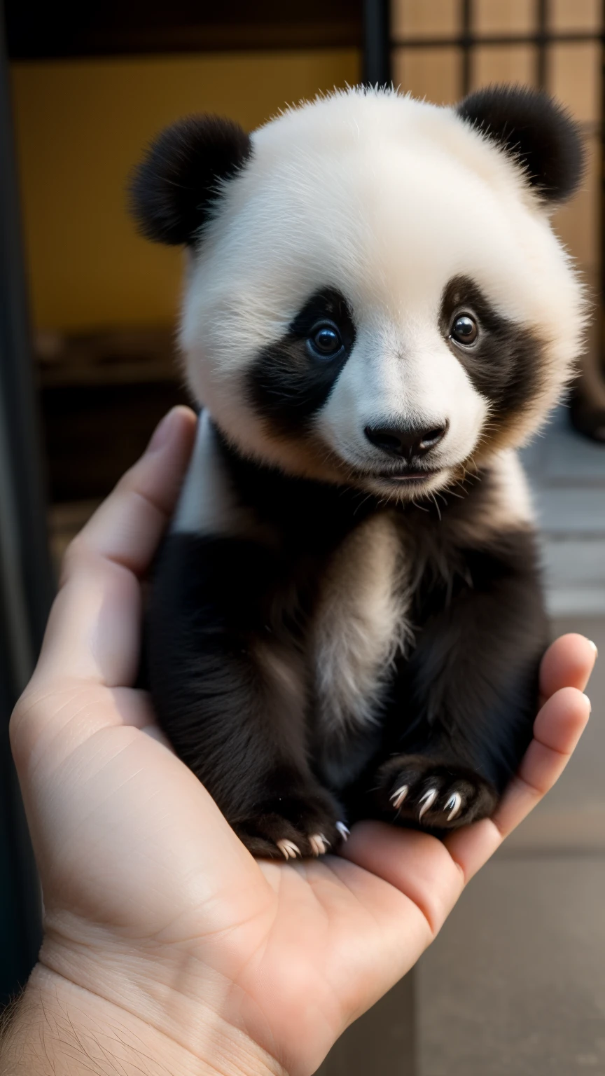 Unreal Engine, Octane Render, Realistic, Photorealism, Cinematic, Realistic photo of an incredibly tiny baby panda with classic black and white fur. It is sitting on a human finger to show its size. All five fingers are visible. The panda has big round eyes with a curious and kind expression, a small black nose and a cute smile. And it has soft, fluffy fur that captures the iconic panda colour pattern. The background is a cosy indoor bedroom scene, softly blurred to emphasise the panda's delicate size and adorable features. The baby pandas are naturally balanced, emphasising their small size, realism and irresistible cuteness.