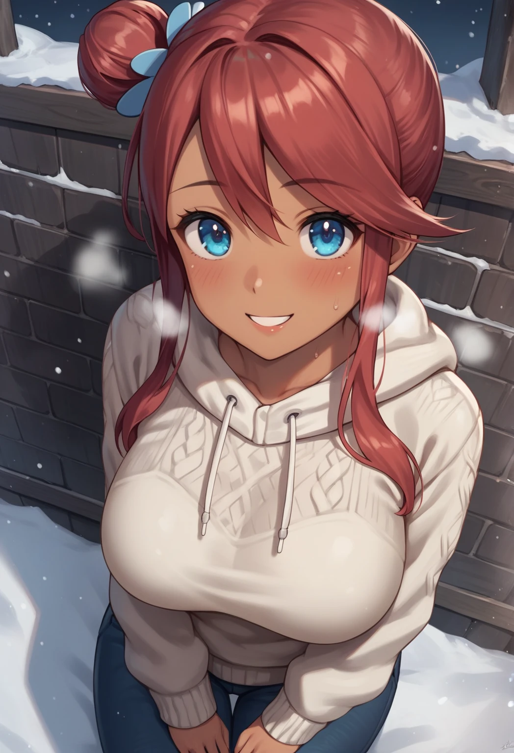 BREAK source anime, aaskyla, red hair, one side up, hair ornament, sidelocks, dark-skinned female, blue eyes, large breasts,  alternative outfit, 1 beautiful girl, black and green fantasy pullover, warm, cold, winter, void, cute smile, from above,