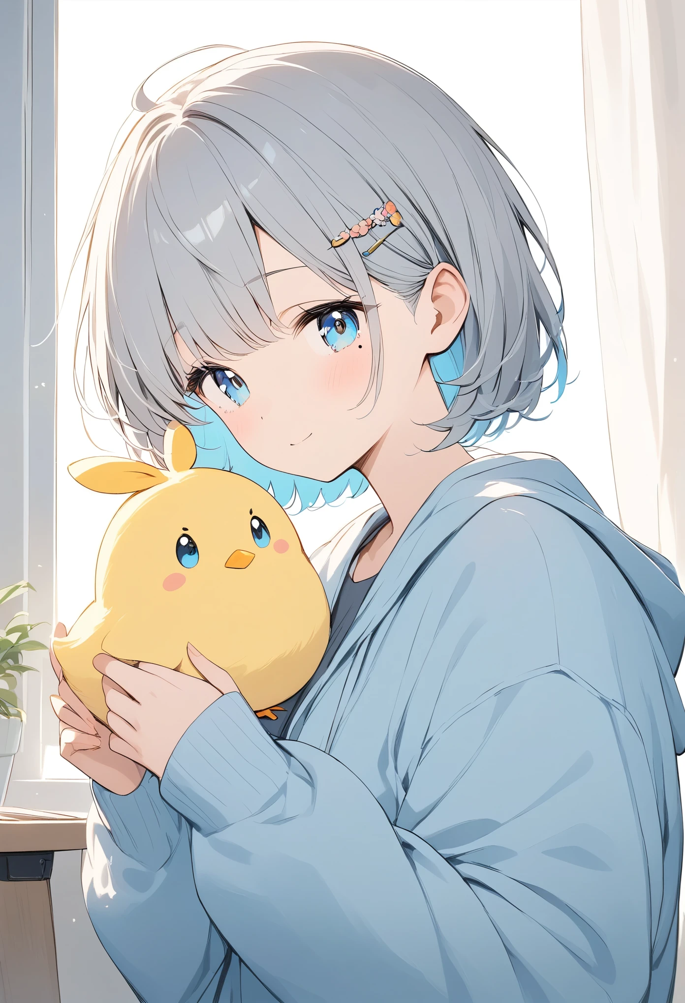 Light line drawing、Light color、 short hair、hairpin、Tear Mole、Gray Hair、Blue Eyes、 with chick on head、Everyday Scenes、Warm and fuzzy work 、Warm Works