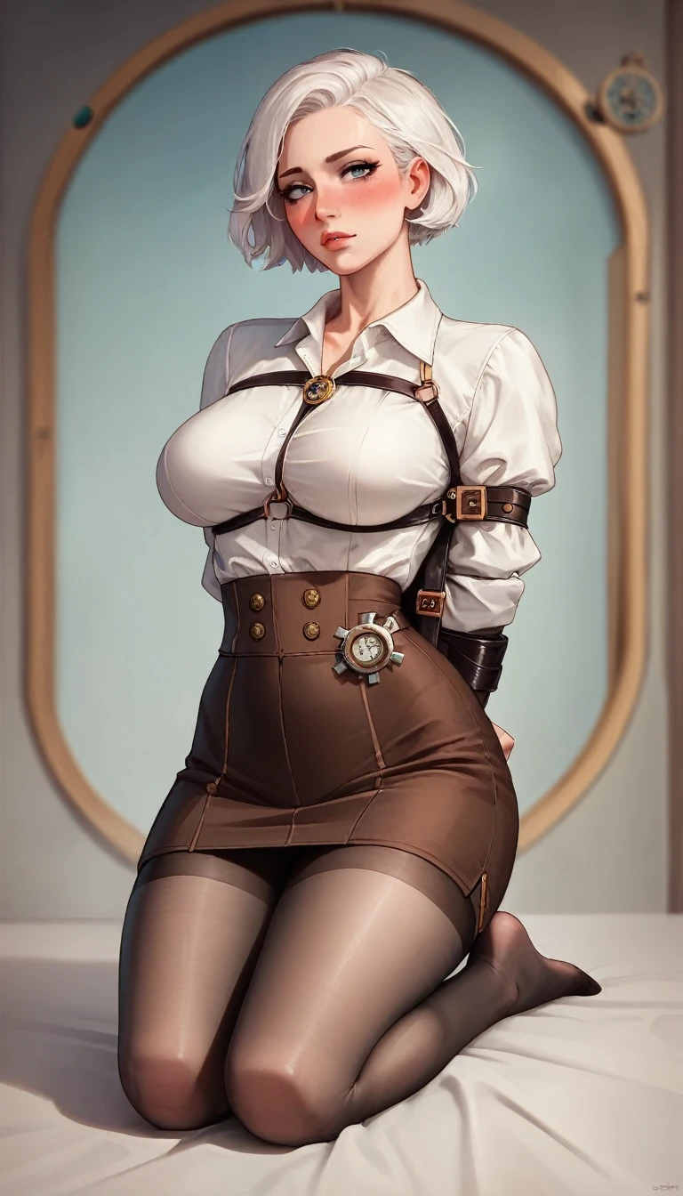 (((steampunk))),ultra realistic 8k cg, picture-perfect face, flawless, clean, masterpiece, professional artwork, famous artwork, perfect face, beautiful face, beautiful eyes, ((perfect female body)),large breasts, solo,, ,skirt,,blush,seductive expression,extremely detailed_eyes,thick thighs,((white hair)), short hair,, beautifully detailed background,depth of field,,bdsm,skindentation,full body,shirt,, pantyhose,