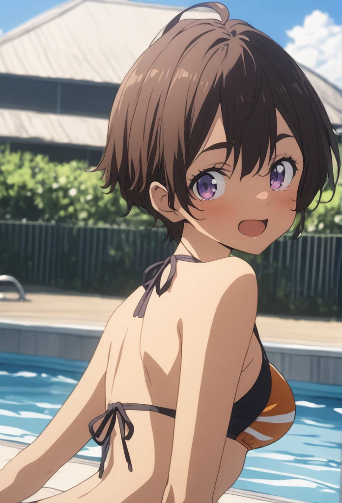 1 girl, , black hair, short hair, cute face, brown eyes, ((curvy)), (medium breasts), ((Straw hat)), ((white polka dot bikini)), ((pretty bikini)), ((light smile)), ((Close your mouth)), multiple angle, many pose, (looking at another), (beautiful beachside), ((32k)), ((best quality)), ((ultra high res)), ((HDR)), ((UHD)), ((extremely detailed CG)), ((unity 32k wallpaper)), ((perfect anatomy)), (((illustration))), ((((anime colored)))),  