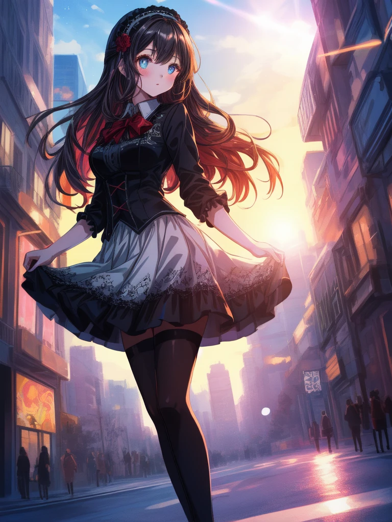 (4K, 8K, Ultra High Quality,Super Detailed,Super Beautiful CG,Super fine illustration, A highly detailed illustration,Best quality:1.4), (Outline:1.2), (Light particles:1.2), (Lens Flare:1.2) , 
An extremely cute and beautiful girl, 
Highly detailed beautiful face and eyes, 
Beautiful black hair, Long hair, Straight hair, 
Beautiful detailed Gothic ****ta style outfit, Many ruffled skirt, Beautiful detailed embroidered skirt, Black tights, 
Solo, 1girl, 
Dynamic angle, Dynamic pose, 
From front, 
Shiny sun lighting, 
modern art city background, modern art building, 