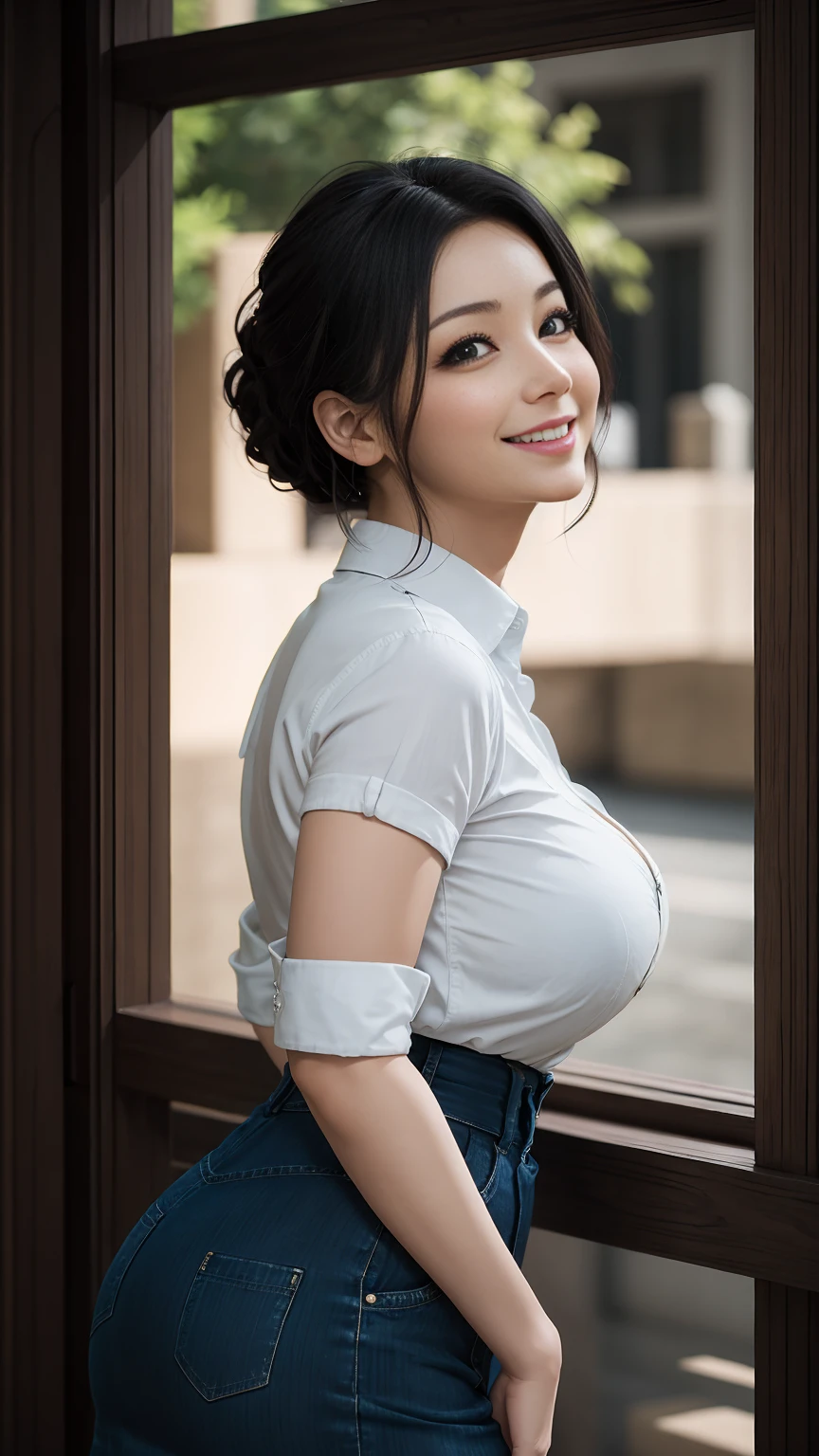 (8k, Best Quality, masterpiece:1.4), ( intricate details:1.3), (Realistic), (Super detailed),  one girl, Alone, （ Married Woman、30th Generation）、Beautiful woman、Mature Woman, (Sensual smile:1.35), Front View, (Leaning forward:1.2),  short hair, (Long black hair), Detailed eyes,-denim shirt, Clock-shaped body type, ( sensual curvy body :1.1), (Big Breasts), Thick thighs,  wide hips , small waist、.Realistic lighting,   natural soft light ,  Dynamic Lighting、checked skirt