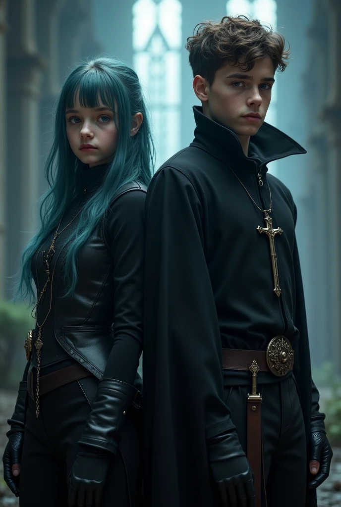 A 19-year-old girl with natural baby blue hair, big blue eyes, a pointed nose, high cheekbones, and small lips, she is wearing a surreal black combat wear(medival vampire hunter clothing) with a rosary hanging on her neck, and beside her is a 19 years old boy with hazel eyes and brown hair ,he is wearing a priest like comebact cloth(vampire hunter clothing without the hat)with leather trousers with knife stacked to his tight area , they avre both standing and we can see their boots , give the background a dark look with lighting stripes here and there, make it epic, this is a book cover so make it an epic realistic image 