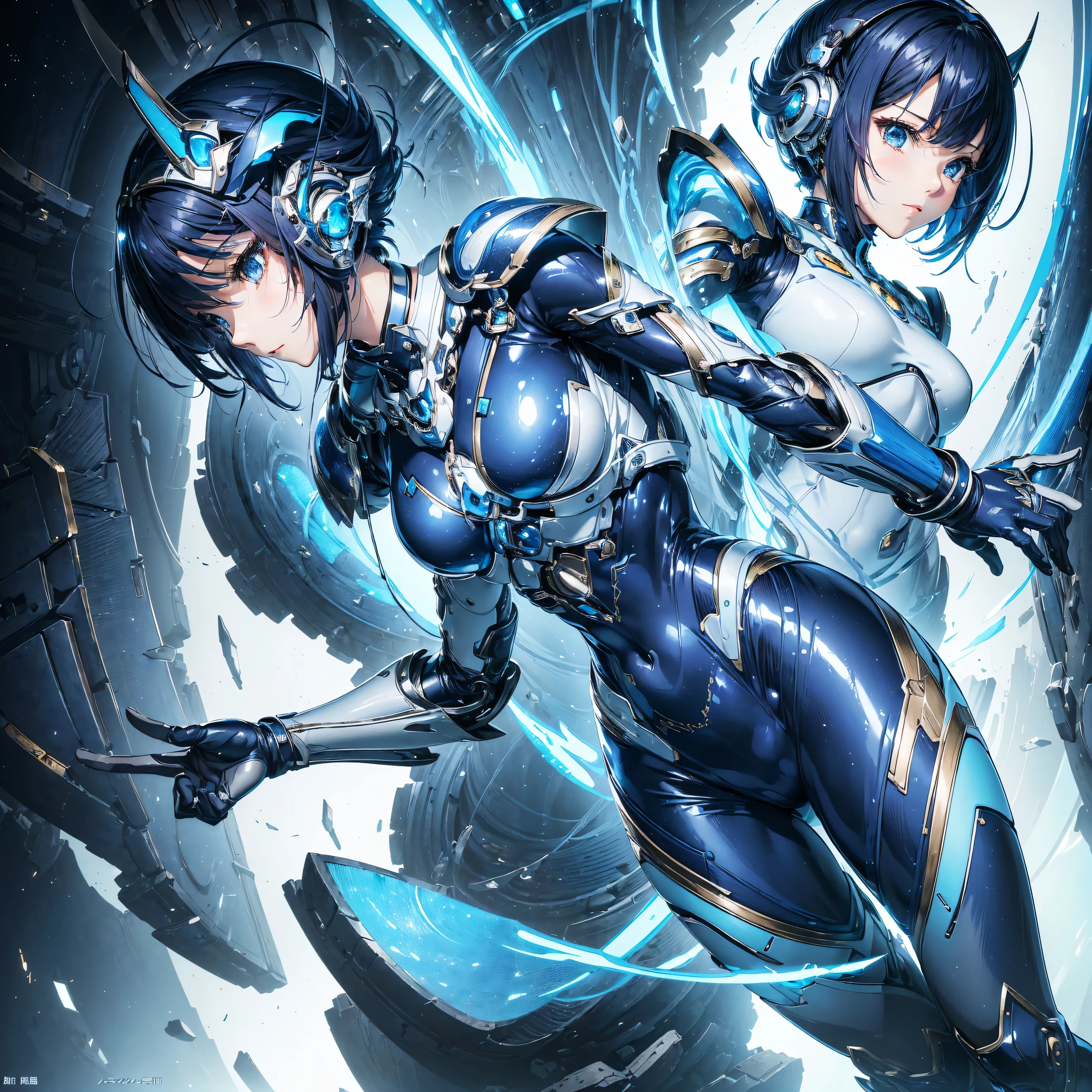 (masterpiece), (best quality:1.4), (perfect anatomy:1.4), high quality, expressive eyes, full body, tall girl, detailed face, beautiful face, perfect face, breasts, cleavage, gloves, A photograph of mid-twenties Japanese female android made of shiny white and silver translucent glass and plastic, geisha makeup and hairstyle, silver metal internal body mechanisms, dynamic pose, flowing organic construction, glowing golden circuitry, colorful neon trim, glowing circuitry, neon trim, depth of field focus f/2.8, art by H.R. Giger, Greg Rutowski, bodysuit, thick thighs, toned, emblem, superhero, dynamic lighting, 4k resolution, dynamic pose, weapon, energy weapon, cover, mecha musume, fortified suit, mechanical parts, headgear, robot joints, bodysuit, deva battle suit, gloves,