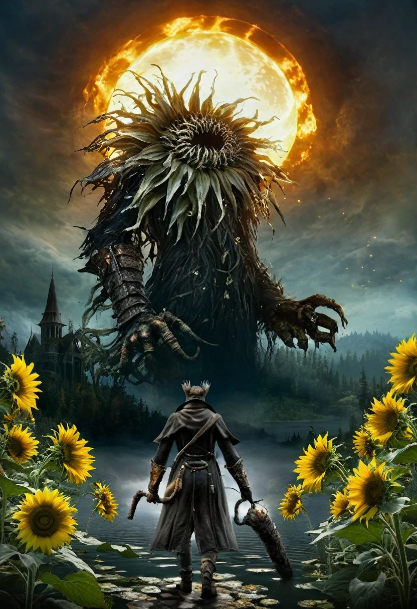  a bloodborne like hunter, Torch in left hand, Cane in right hand, lake（1.2）Standing at、One flower（1.5）The giant white sunflower of（1.4）I'm looking up at a monster in the shape of、background, 宇宙的なbackground,, Dark Fantasy Art  ,  Best Quality , Wide Shots ,  Ultra Wide Angle, 