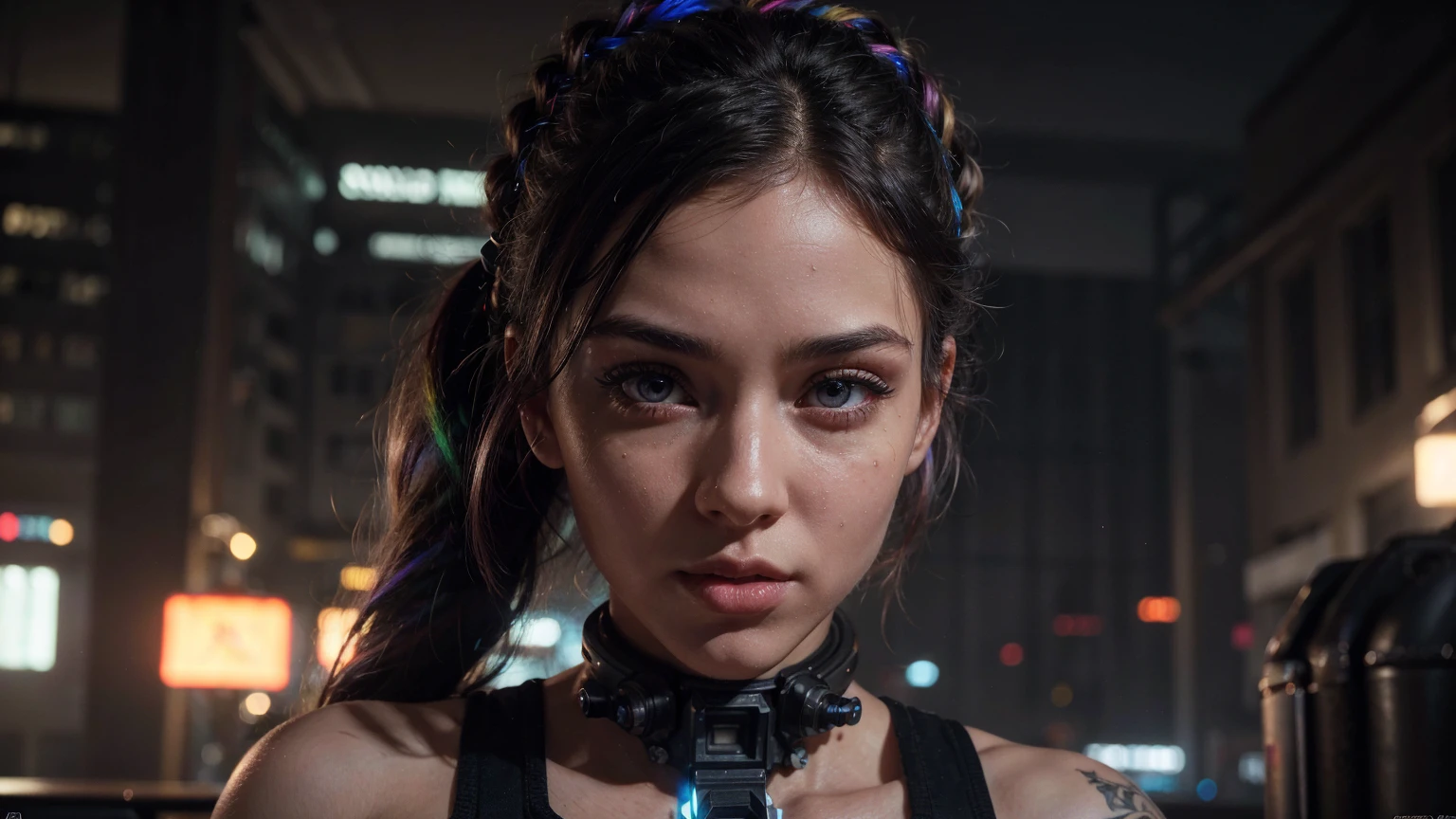 a cute very young futuristic cyborg girl with multicolored hair, 2 ponytails, extremely detailed mid-sized breasts, extremely muscular six-pack abs, extremely detailed muscles, (best quality,4k,8k,highres,masterpiece:1.2),ultra-detailed,(realistic,photorealistic,photo-realistic:1.37),cyborg,cyberpunk,highly detailed face, beautiful detailed eyes, beautiful detailed lips, extremely detailed eyes and face, long eyelashes, dynamic pose, dramatic lighting, vibrant colors, intricate details, cinematic composition